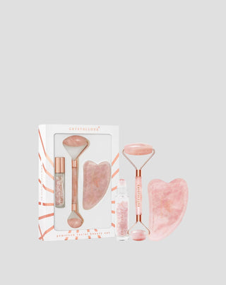 Rouleau pour le visage + plaque gua sha + flacon roll-on Ensemble beauté quartz rose Crystallove - 1
