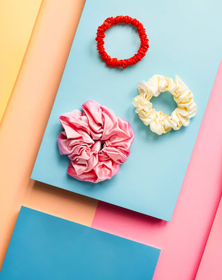 Lot de 3 chouchous Twisty en soie 100% naturelle - rose, crème, rouge - 6