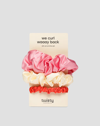 Lot de 3 chouchous Twisty en soie 100% naturelle - rose, crème, rouge - 1