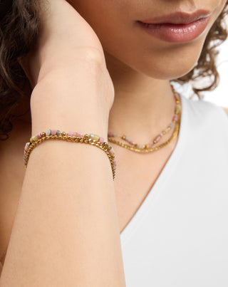 Collier plaqué or avec pierres naturelles rose et jade citron Mys - 3