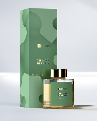 Diffuseur de parfum dans un flacon en verre avec des bâtonnets en rotin naturel au parfum de thé vert HiSkin