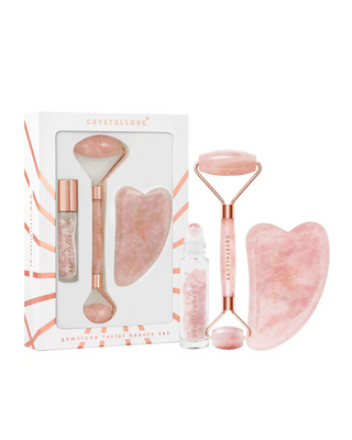 Rouleau visage + plaque gua sha + flacon roll-on Rose quartz beauty set Crystallove - 1