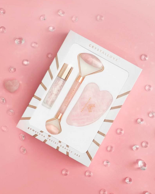 Rouleau visage + plaque gua sha + flacon roll-on Rose quartz beauty set Crystallove - 2