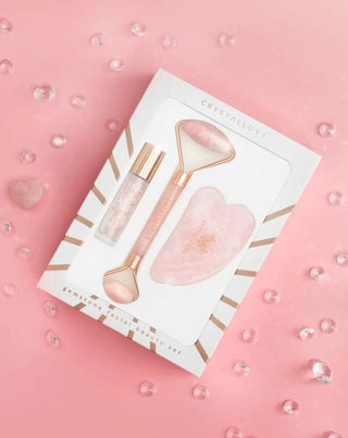 Rouleau visage + plaque gua sha + flacon roll-on Rose quartz beauty set Crystallove - 2
