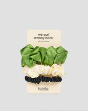 Lot de 3 chouchous Twisty en soie 100% naturelle - vert, crème, noir