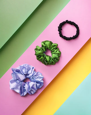 Lot de 3 chouchous Twisty en soie 100% naturelle - violet, vert, noir