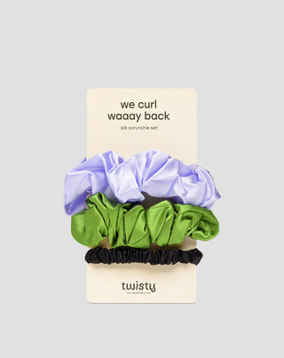 Lot de 3 chouchous Twisty en soie 100% naturelle - violet, vert, noir