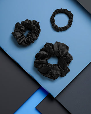 Lot de 3 chouchous noirs Twisty en soie 100 % naturelle
