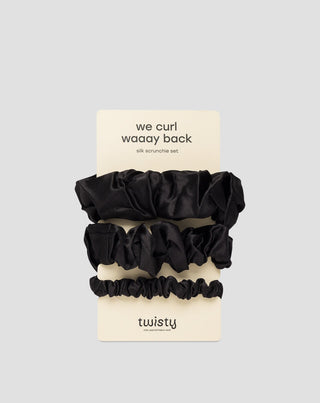Lot de 3 chouchous noirs Twisty en soie 100 % naturelle
